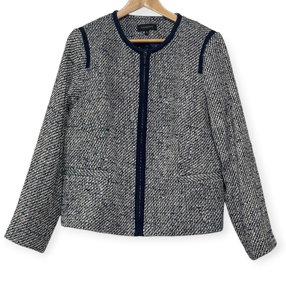 Talbots Navy White Tweed Full Zip Collarless Jacket Size 12 VN4889